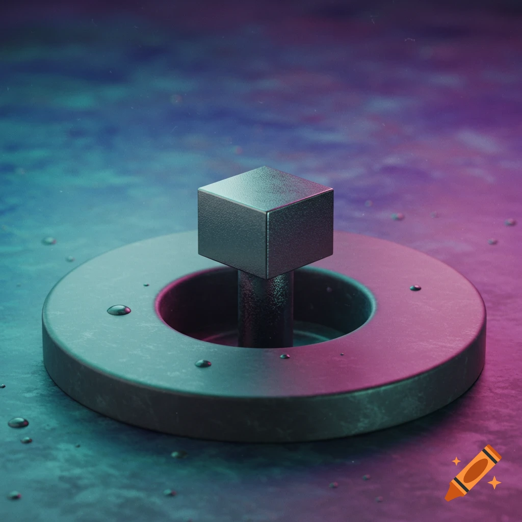 A metallic square peg standing in the center of a metallic round hole, illuminated by blue and pink light.