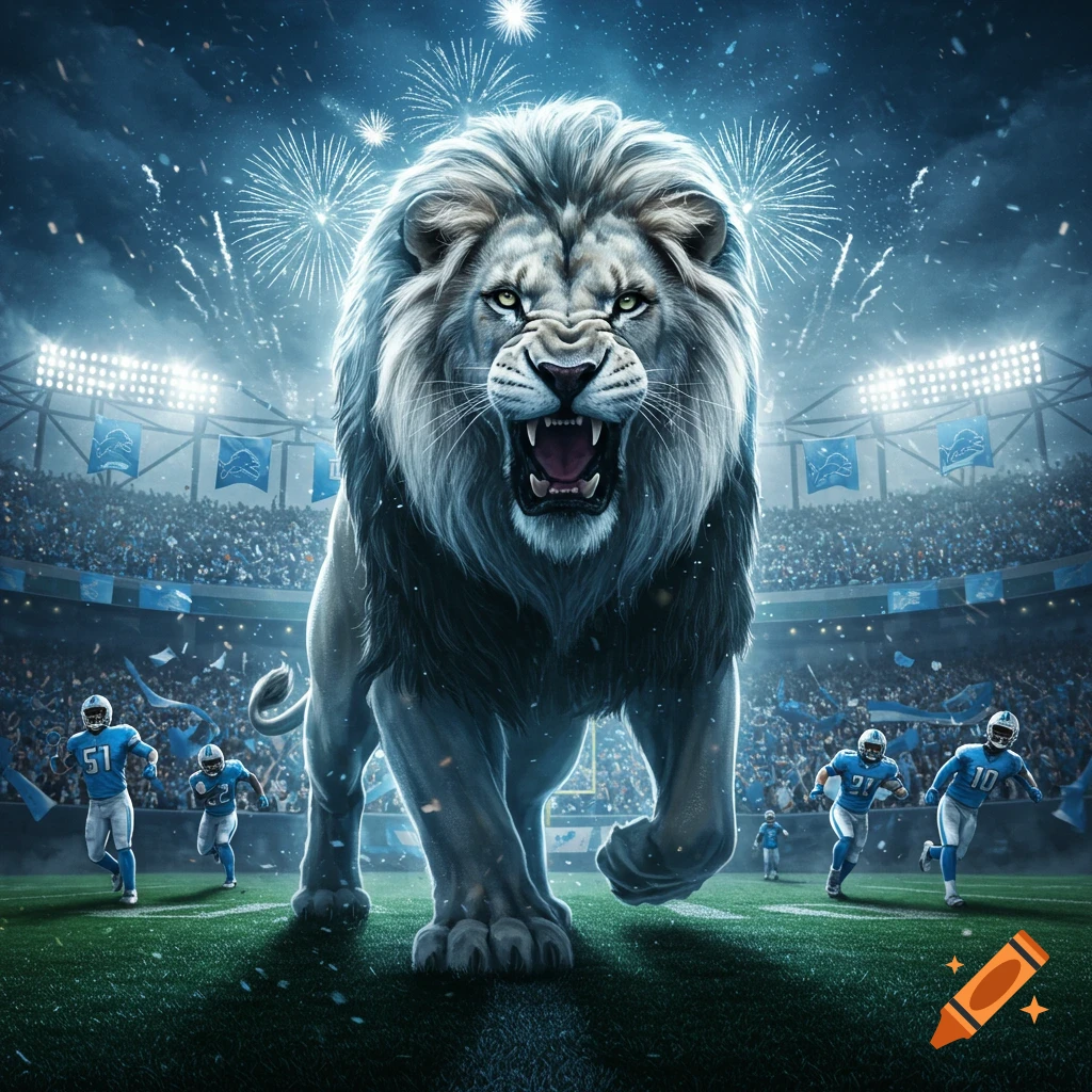 A giant, fierce lion with glowing eyes roars in the center of a crowded football stadium at night, with players on field.