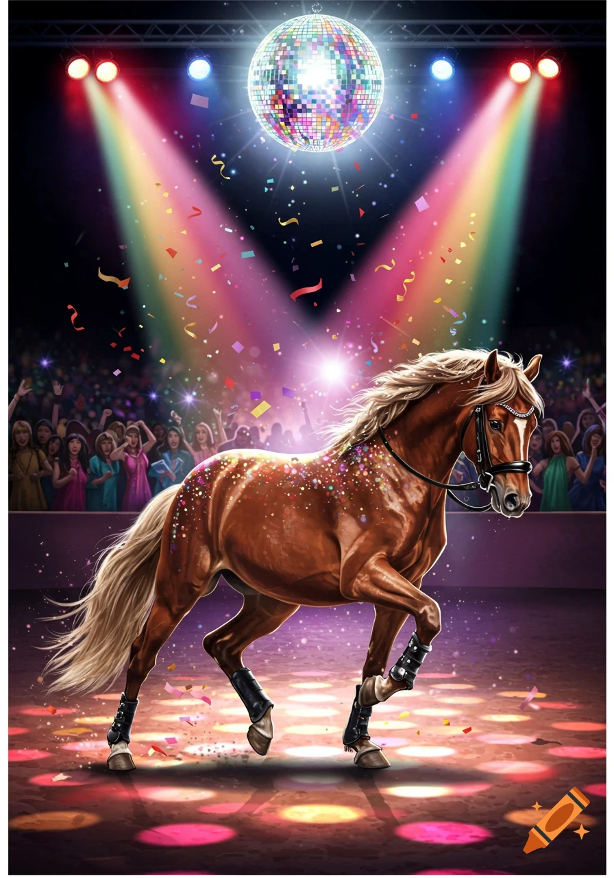 A glittery brown horse with a blonde mane under a disco ball, colorful spotlights, and falling confetti, with an audience.