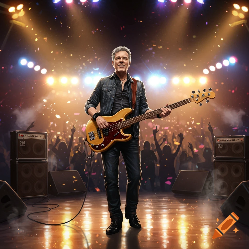 A man in a denim jacket and dark clothes plays a bass guitar on a brightly lit stage with confetti falling, an audience in the background.
