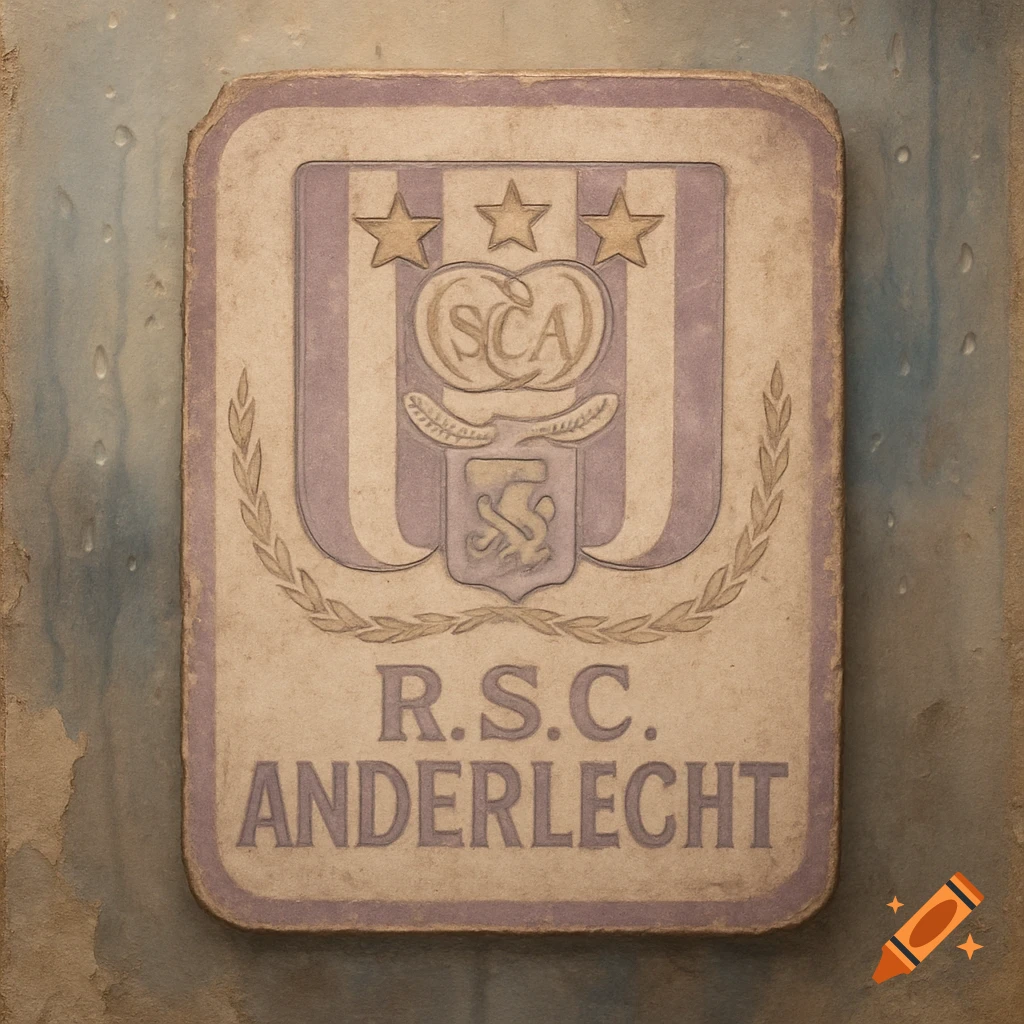 A weathered R.S.C. Anderlecht football club logo sticker with stars and a crest, in muted purple and beige.
