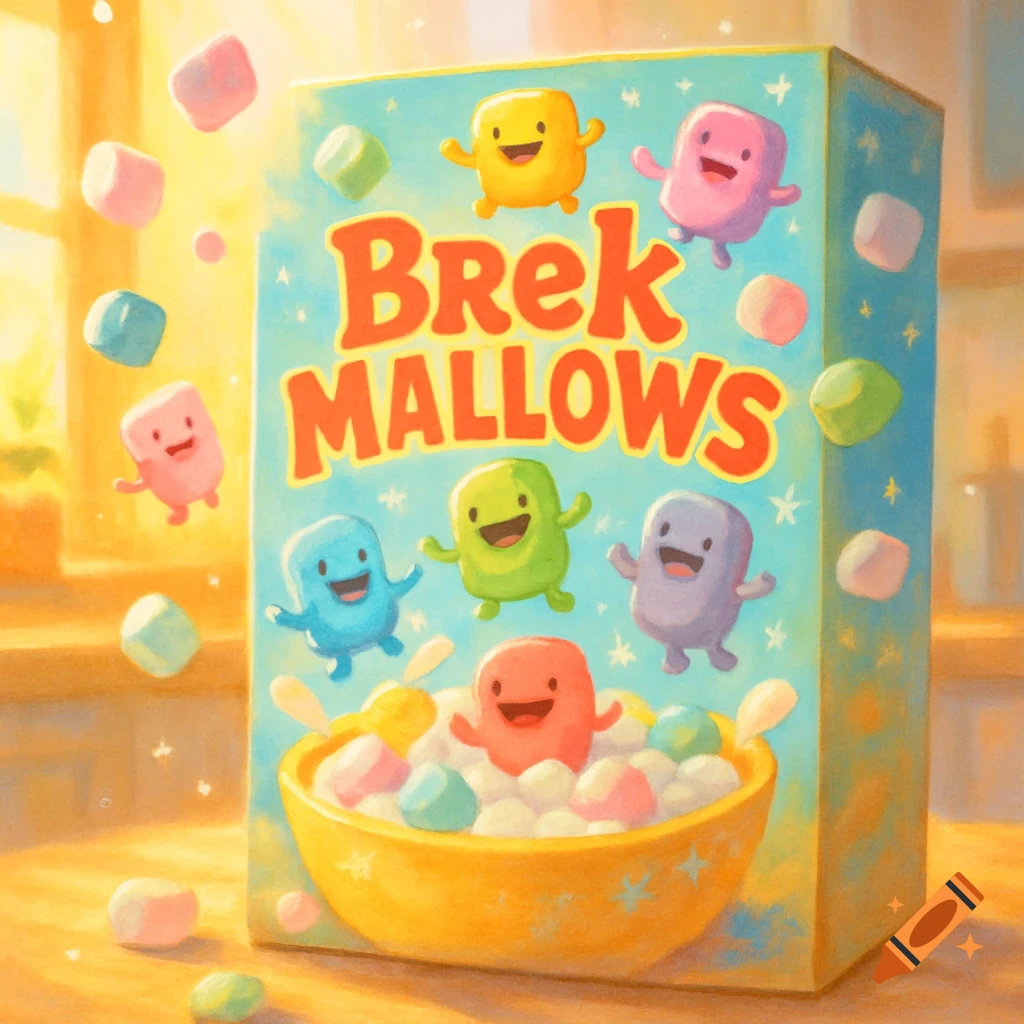 A vibrant cartoon illustration of a 'Brek Mallows' cereal box with happy marshmallow characters and a bowl of cereal.