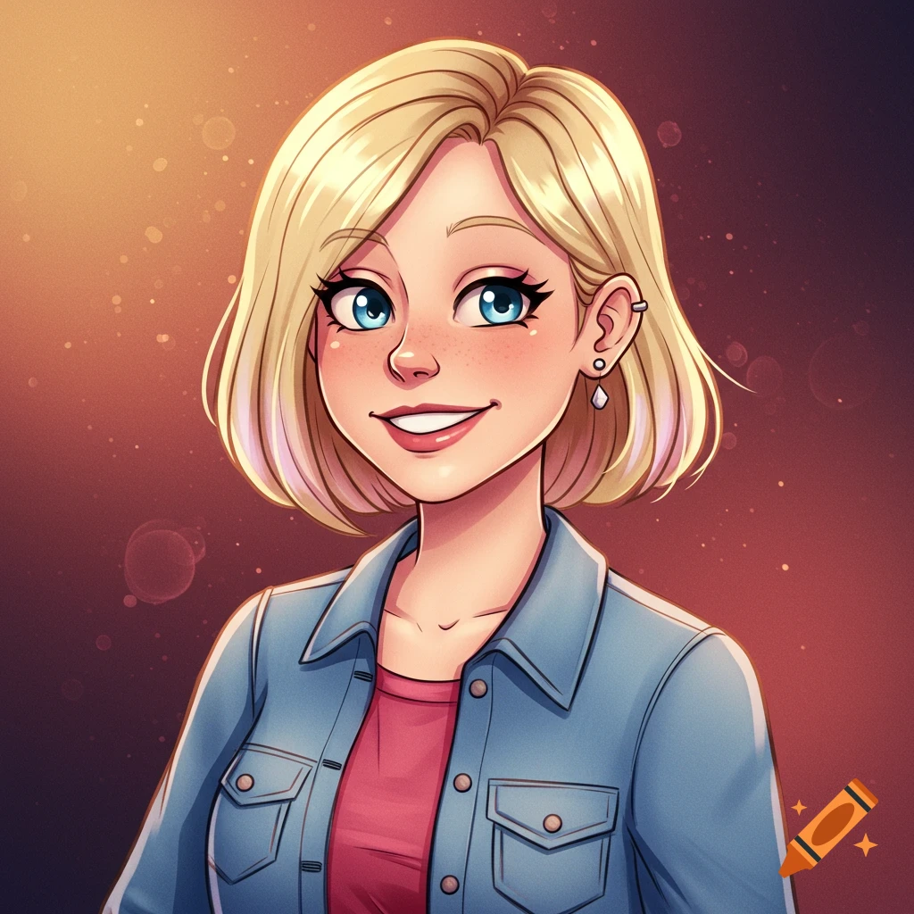 A cheerful blonde woman with blue eyes, freckles, and a bob haircut smiles, wearing a pink shirt under a denim jacket, in an anime style.