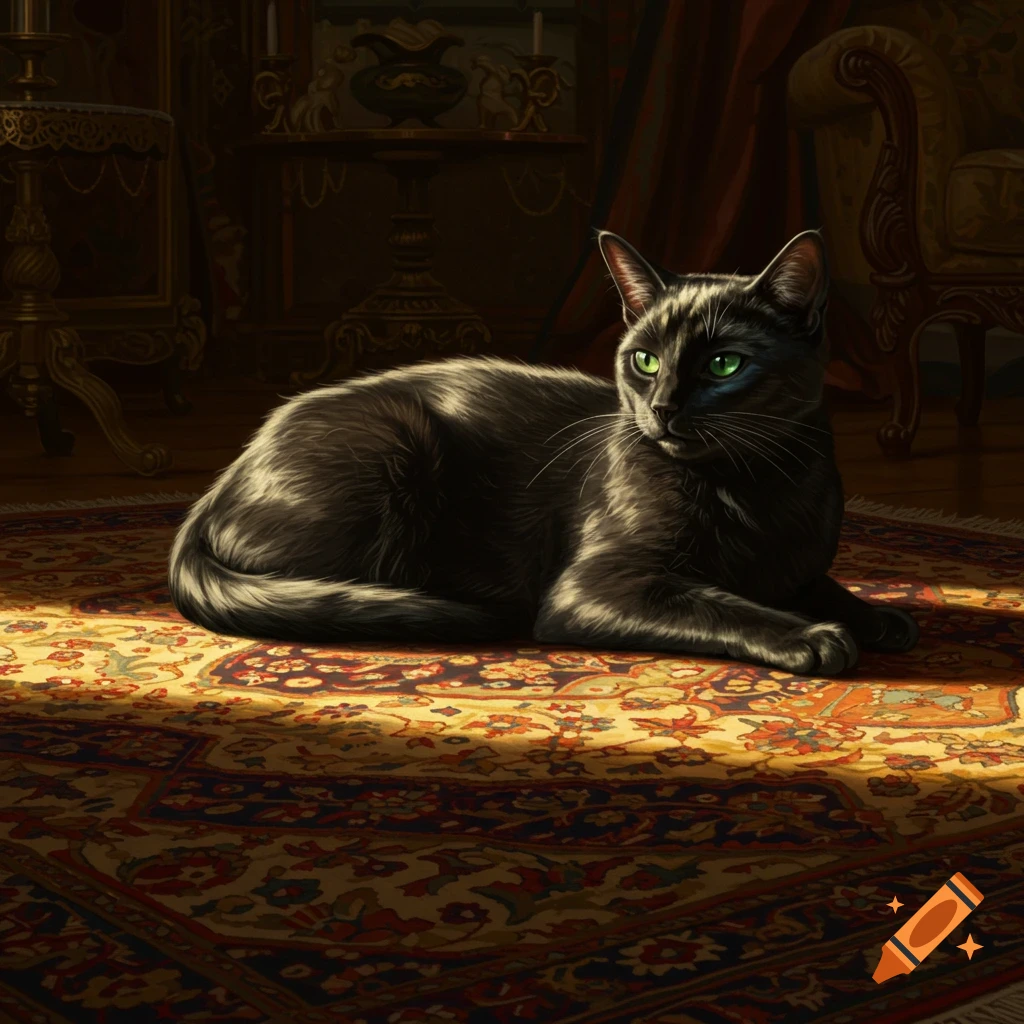 A sleek black cat with luminous green eyes lies in a sunbeam on an ornate patterned rug inside a dimly lit room.