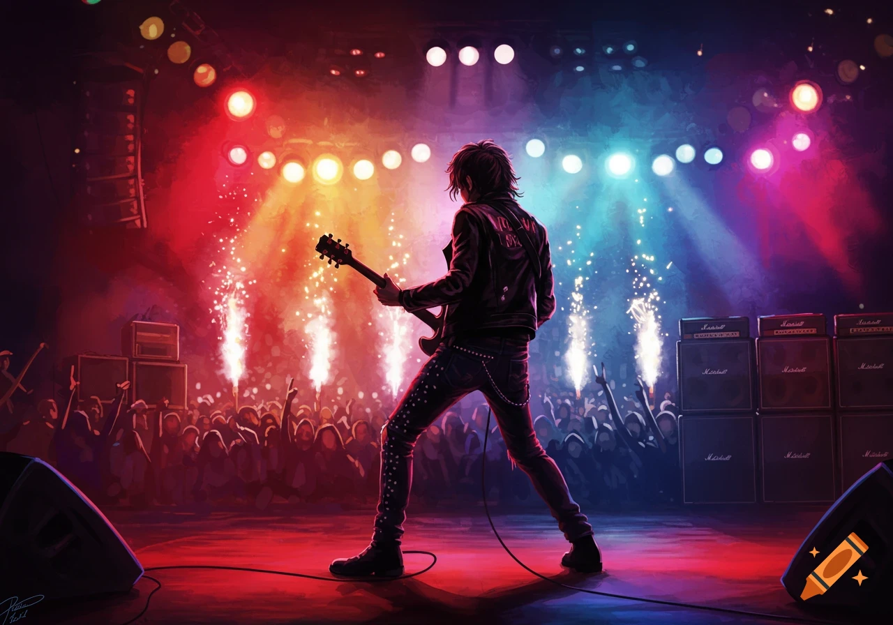 A rock musician on stage playing guitar, bathed in vibrant red and blue lights, with a cheering crowd and pyrotechnics.
