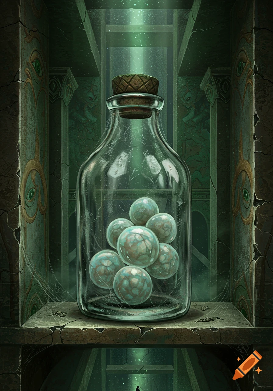A glass bottle filled with mystical spheres sits on a broken shelf in a dark, ancient labyrinth, fantasy art style.