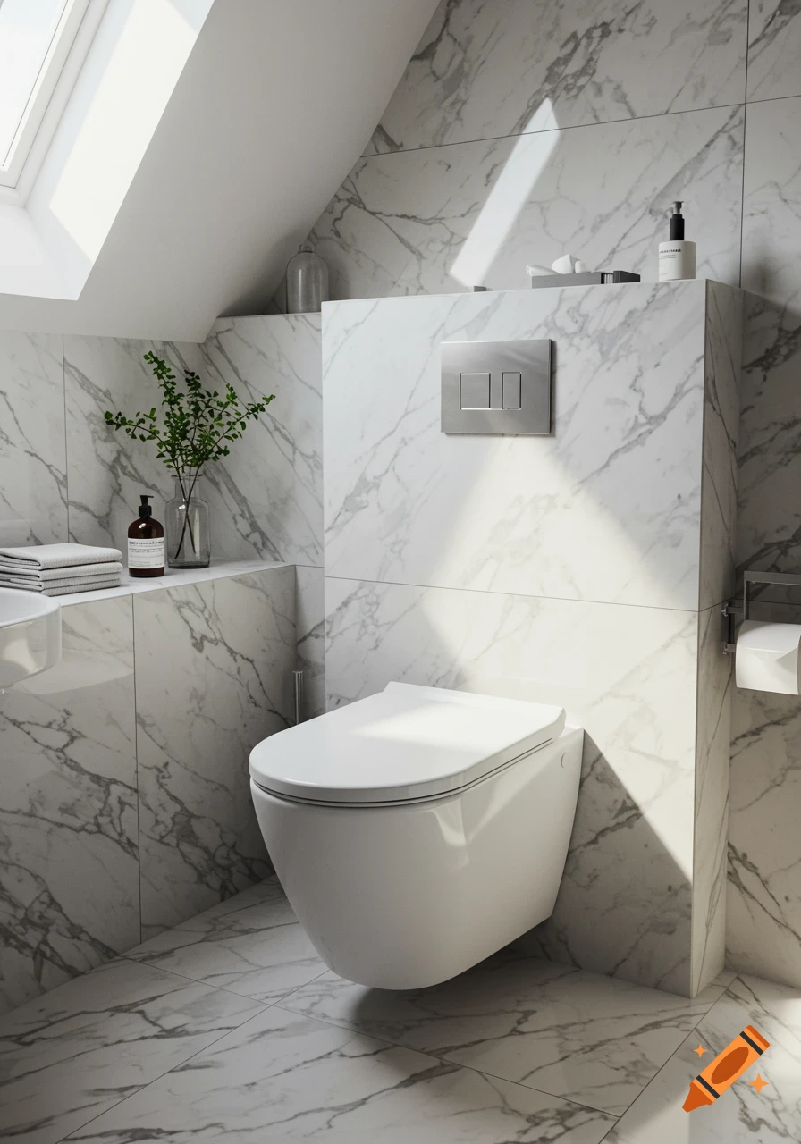 A modern bathroom with white marble walls and floor, featuring a sleek white wall-mounted toilet, a plant, and toiletries.