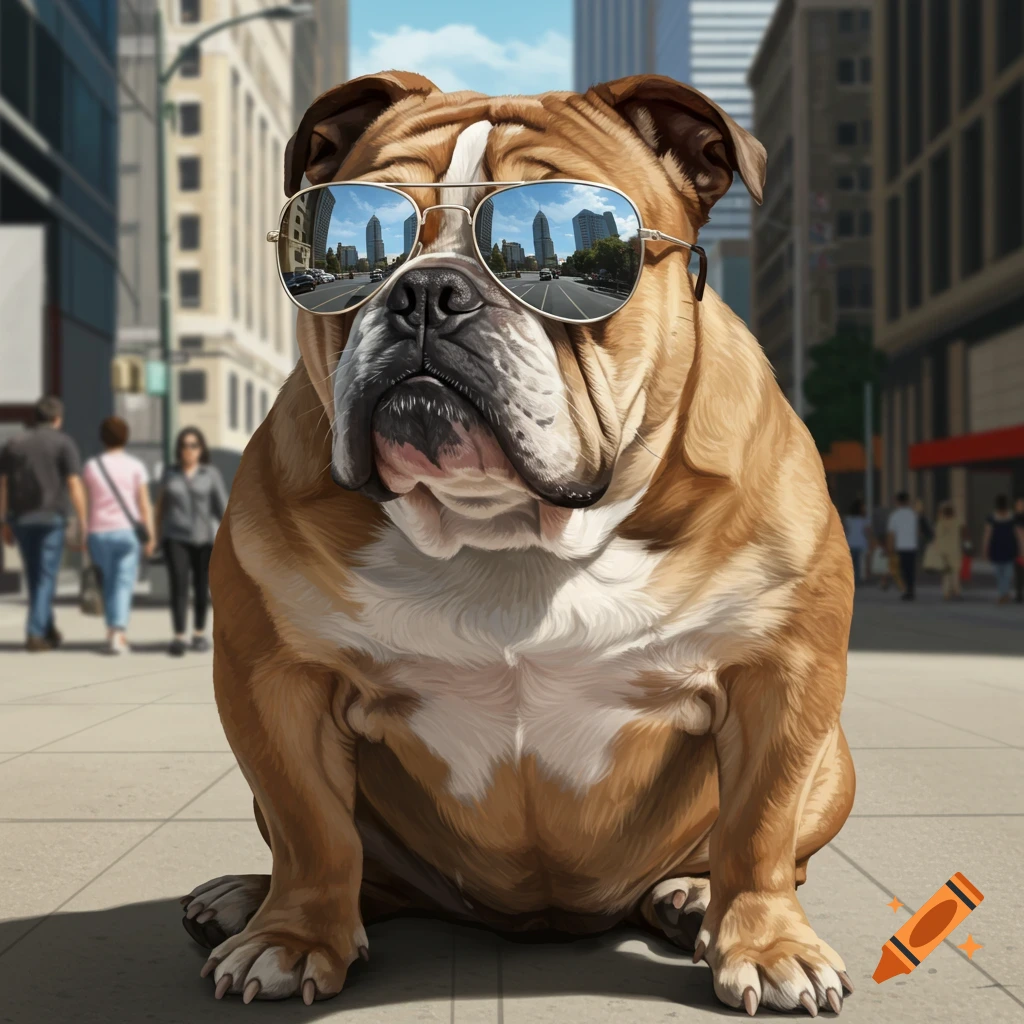 A photorealistic bulldog wearing aviator sunglasses sits on a city sidewalk, reflecting a cityscape.