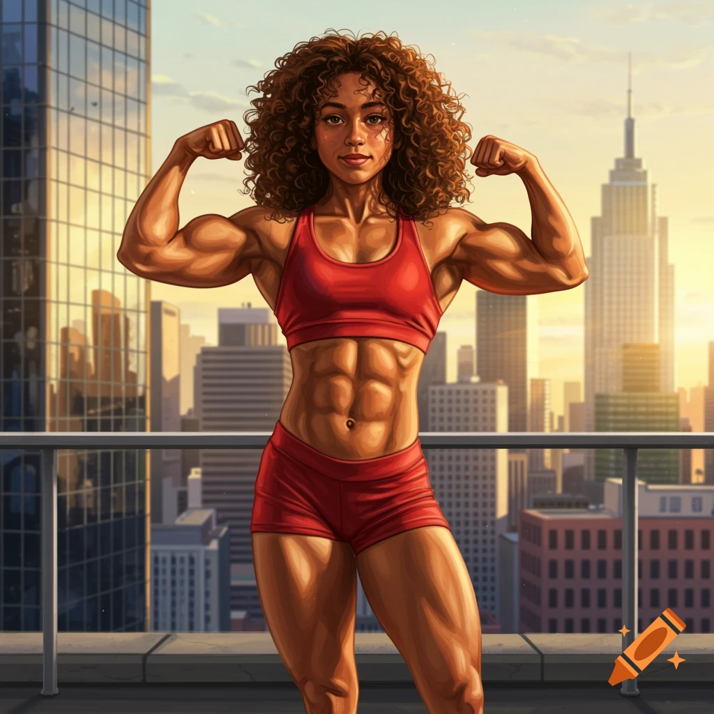 A muscular woman in red workout gear flexes on a city rooftop at sunset, rendered in a digital art style.