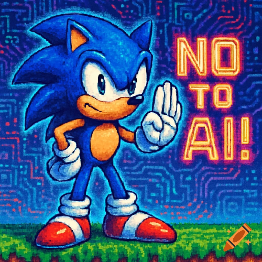 Sonic the Hedgehog with his hand up in a stop gesture, standing against a circuit board background with neon text 'NO TO AI!' in a pixel art style.