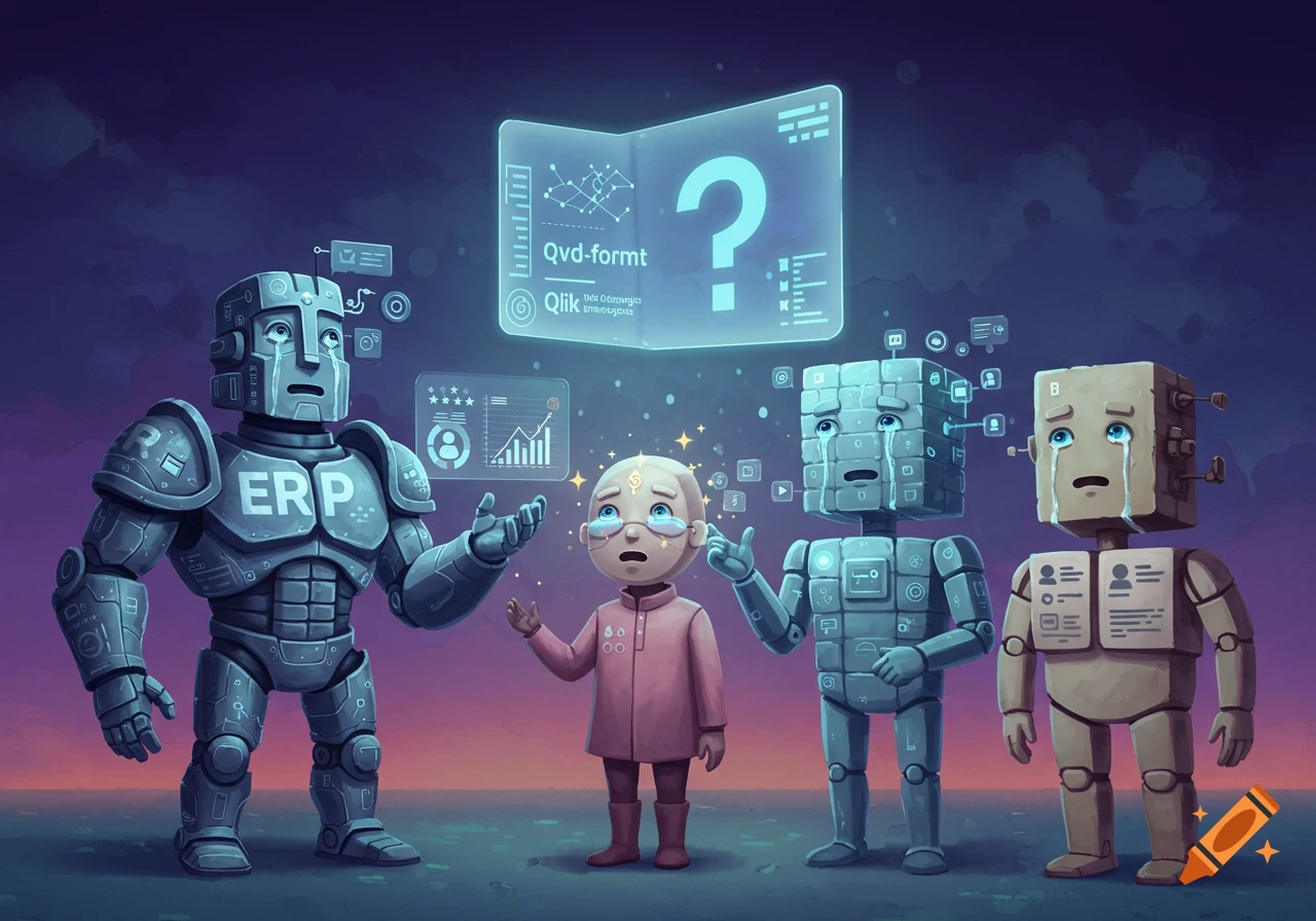 Cartoon robots and a child looking confused at a glowing holographic screen with a question mark, 'Qvd-formt', and 'Qlik'.