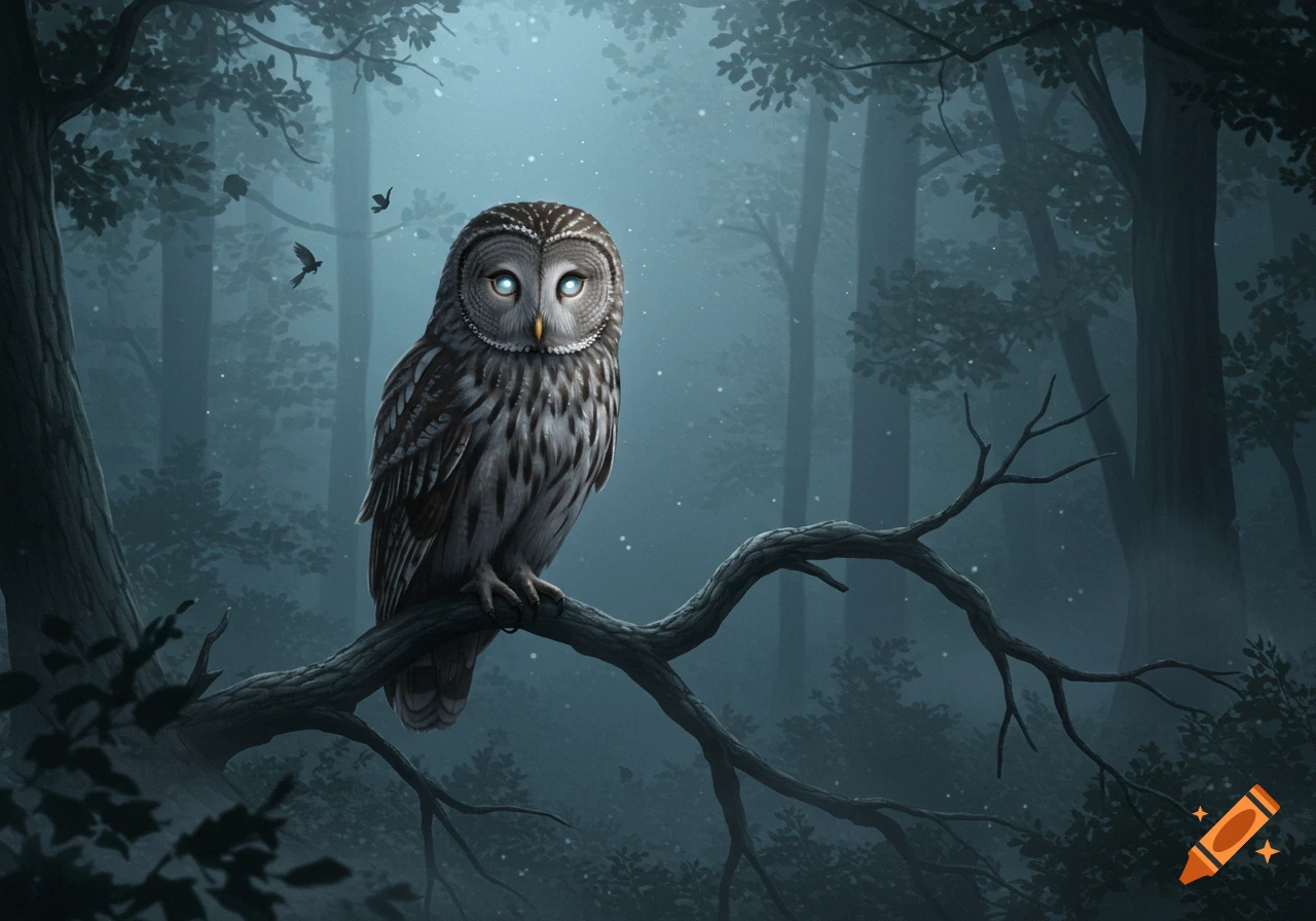 A majestic barred owl with glowing eyes perched on a branch in a misty, dark forest, digital painting.