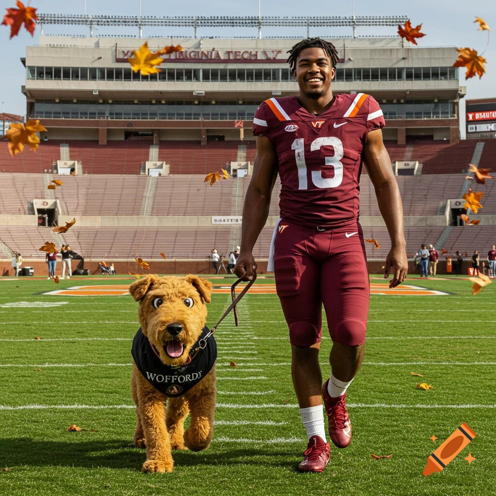 A smiling Virginia Tech football player in a maroon '13' jersey walks a Wofford Terrier mascot on a stadium field with falling autumn leaves.