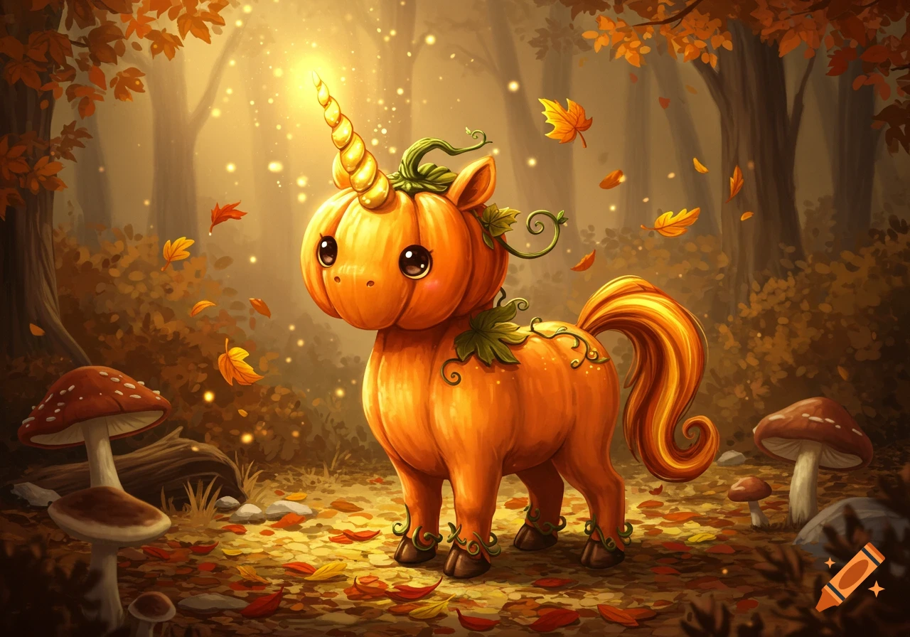 A cute pumpkin unicorn with a glowing horn stands in an autumn forest with falling leaves and mushrooms, in a whimsical style.