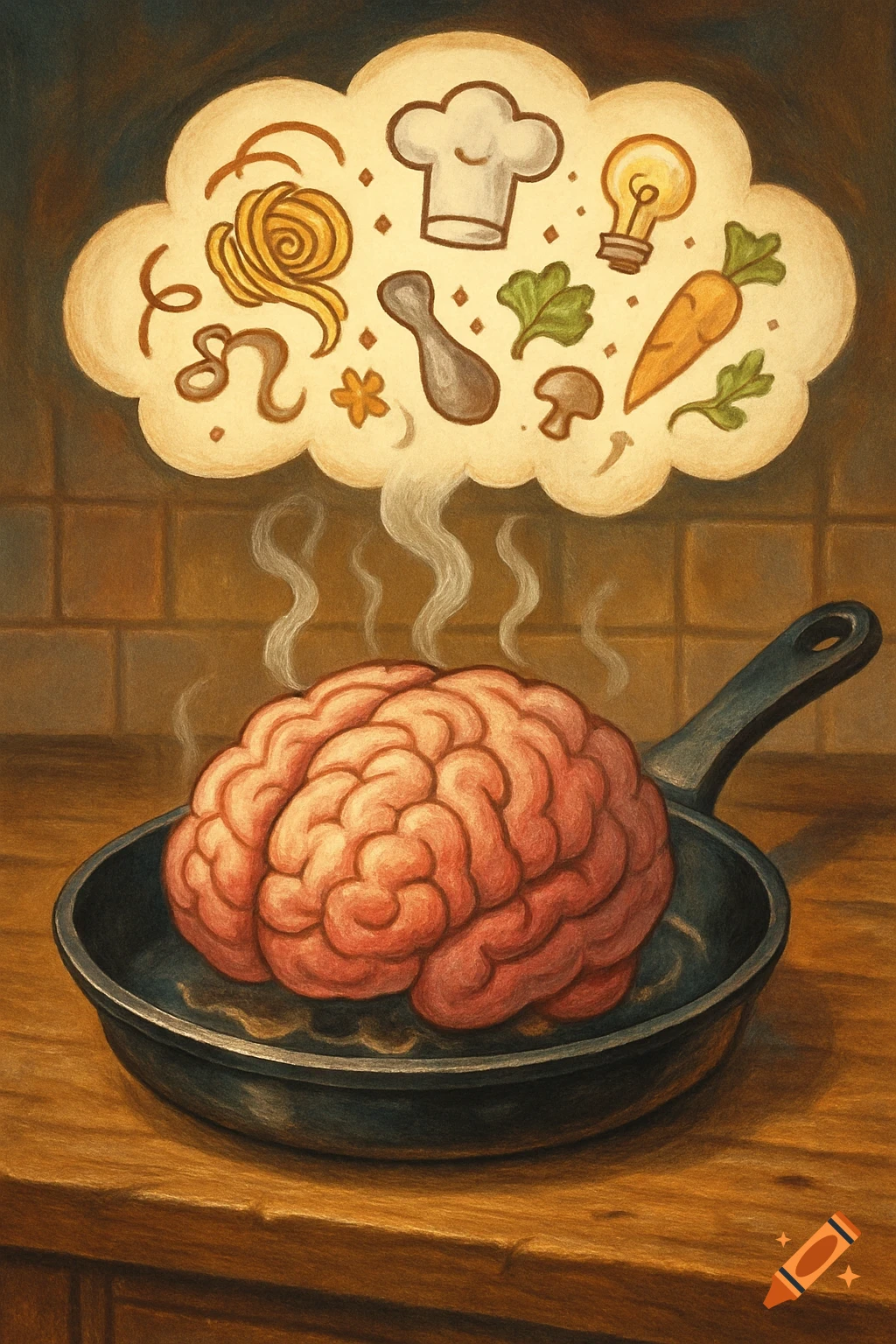 Illustration of a brain cooking in a frying pan, with steam rising into a thought bubble filled with food items and a chef's hat.