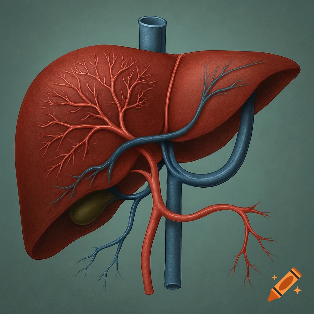 A detailed diagram of a human liver, illustrating the red hepatic arteries, blue portal veins, and the gallbladder.