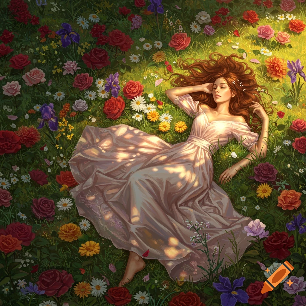 A woman with long reddish hair lies peacefully in a vibrant, sunlit field filled with colorful roses, daisies, and irises.