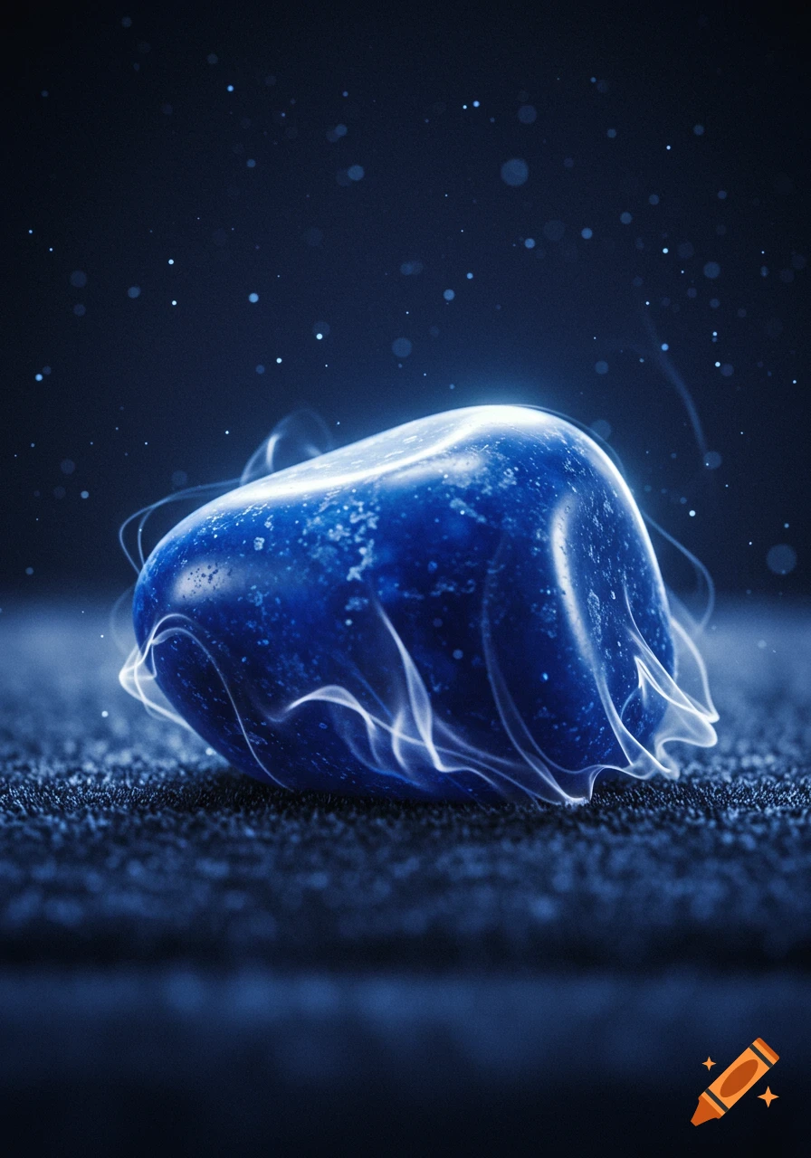 A smooth, luminous blue stone with a swirling white aura on a dark, textured surface, surrounded by glowing particles.