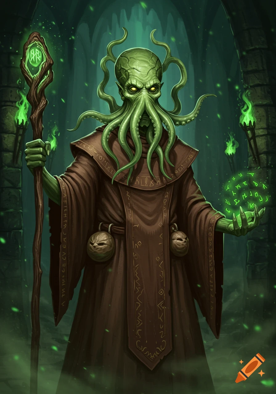 A green-skinned Mind Flayer with yellow eyes, wearing a brown robe, holds a glowing staff and an orb in a dark, cavernous setting.