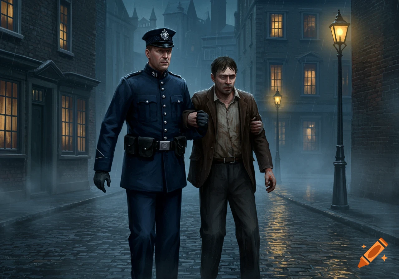 A 1900s police officer leads a man down a gloomy, rainy cobblestone street lined with brick buildings and lit by gas lamps.