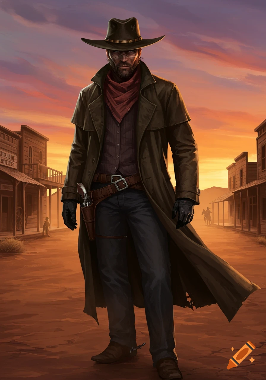 A rugged cowboy outlaw in a duster coat and hat stands on a dusty Western town street at sunset, stylized illustration.