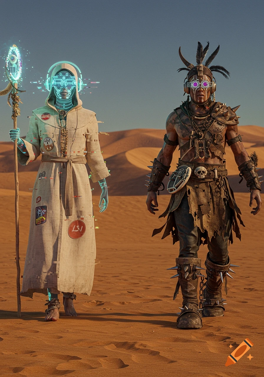 Two futuristic figures in a desert: one a shaman-like figure in a long robe with glowing cybernetic elements, the other a warrior in spiked armor.