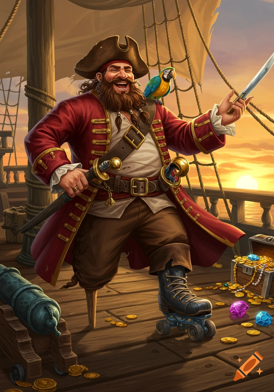 A jovial, bearded pirate with a wooden leg and a roller skate stands on a ship deck with a parrot and treasure at sunset, holding a sword.