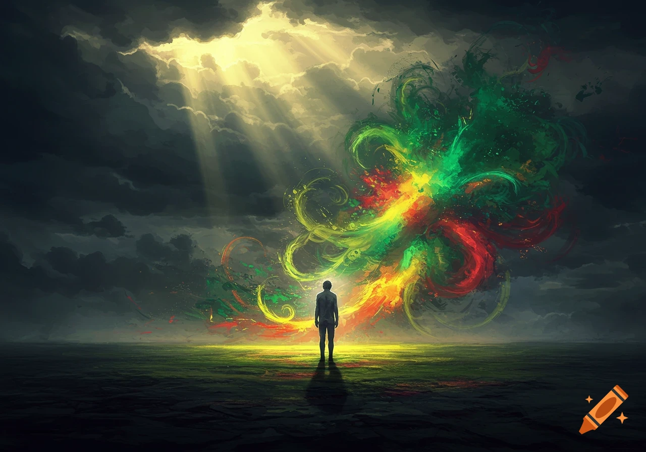 A lone figure stands in a dark field, looking at a vibrant burst of red, green, and yellow energy under dramatic, cloudy skies with light rays. Digital painting.