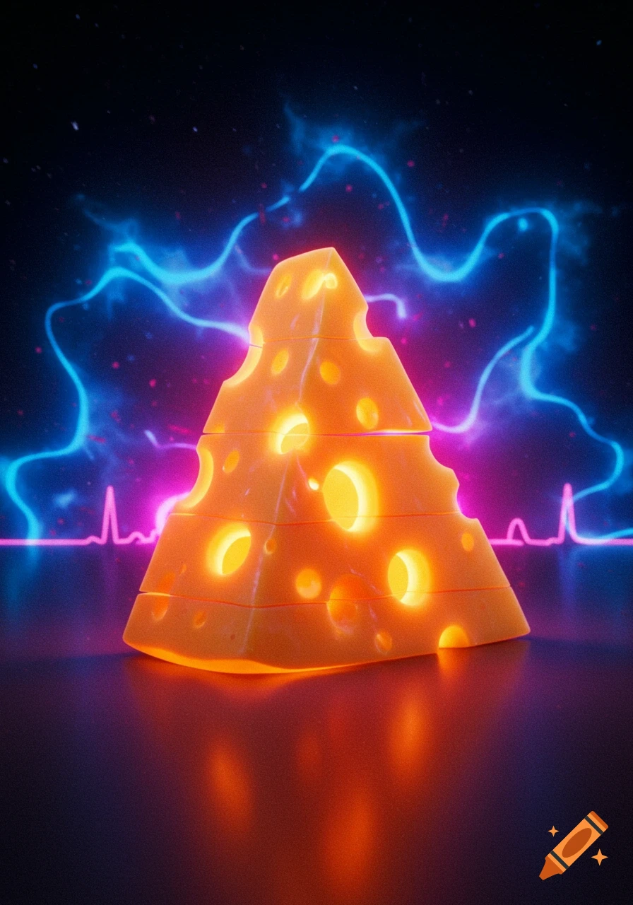 A glowing, segmented wedge of Swiss cheese on a reflective surface, backed by vibrant blue and pink neon lightning and a heartbeat line, digital art.