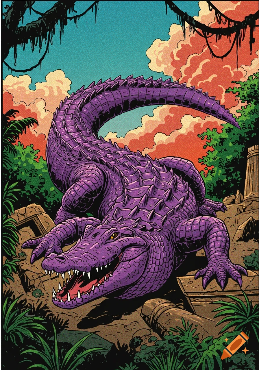 A large purple alligator with its mouth open, in a lush jungle with ancient ruins, comic book art style.