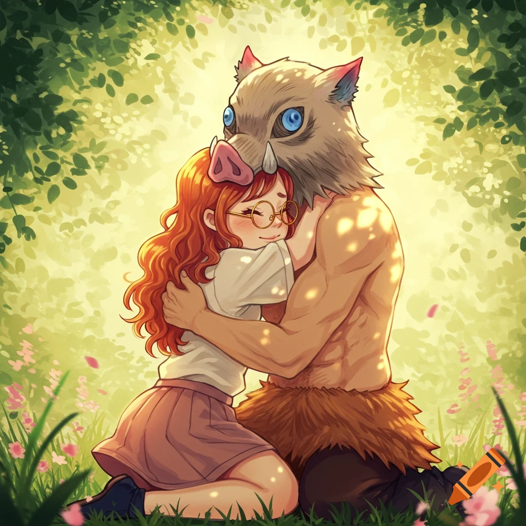 Anime style illustration of a ginger girl with glasses hugging Inosuke (wearing a boar head mask) in a lush, sun-dappled forest.