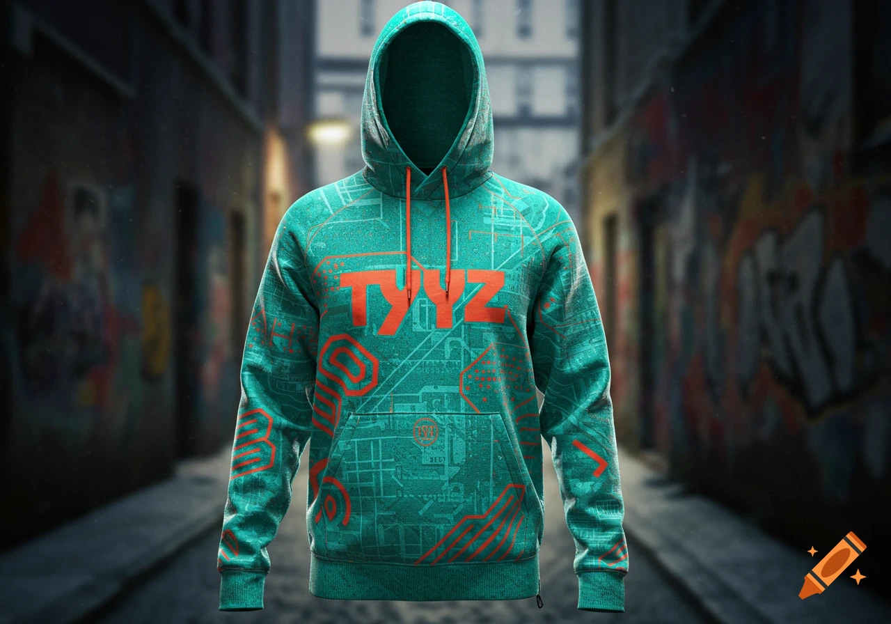A turquoise hoodie with red 'TYYZ' text and circuit patterns, floating in a dark, graffiti-covered alley.
