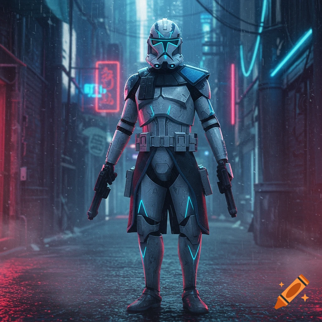 A full-body shot of a white and blue Clone Trooper holding two blasters, standing in a rainy cyberpunk alley lit by red and blue neon signs.