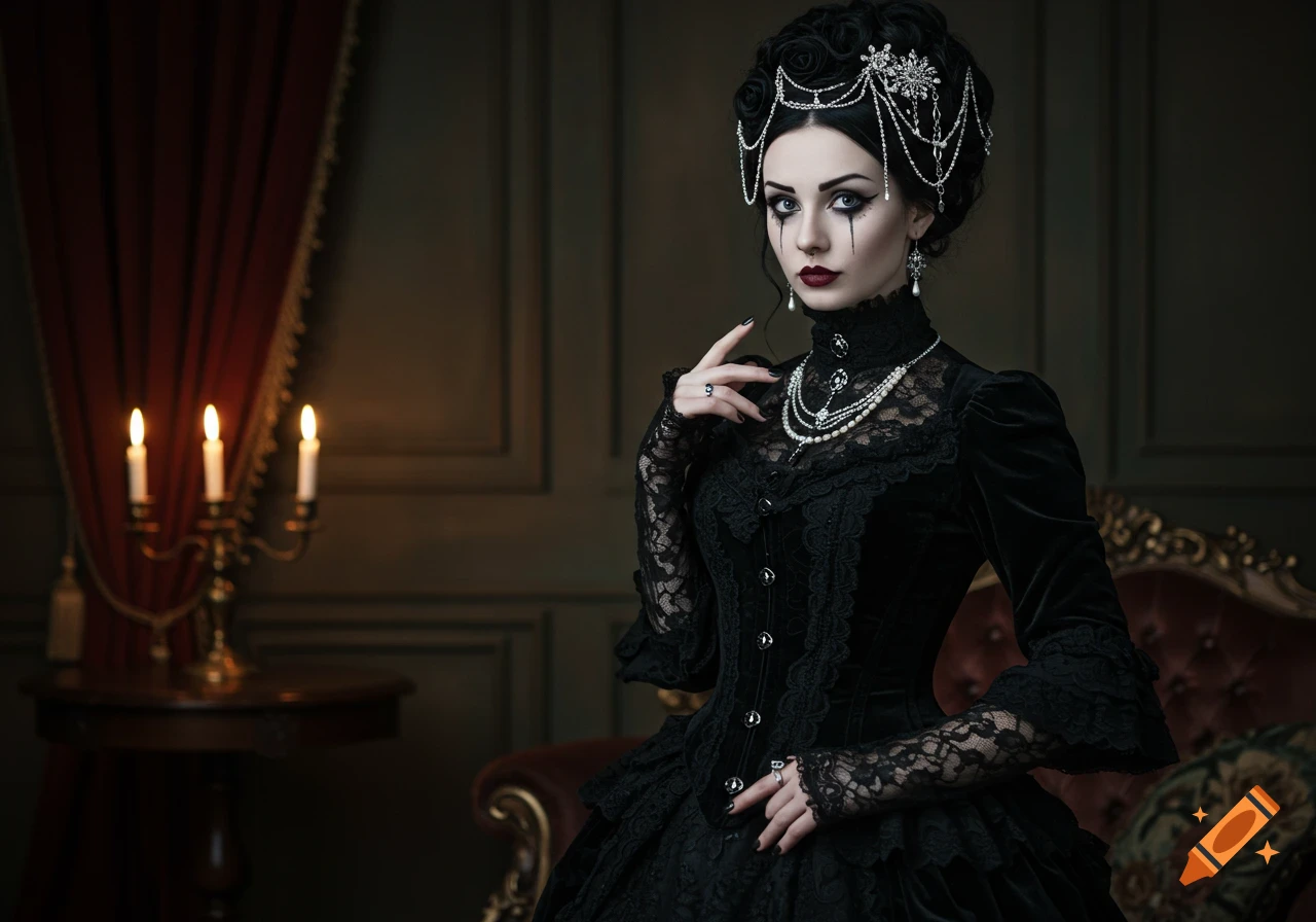 An elegant gothic woman in an elaborate black Victorian dress and pearl headpiece stands in a dimly lit, ornate room.