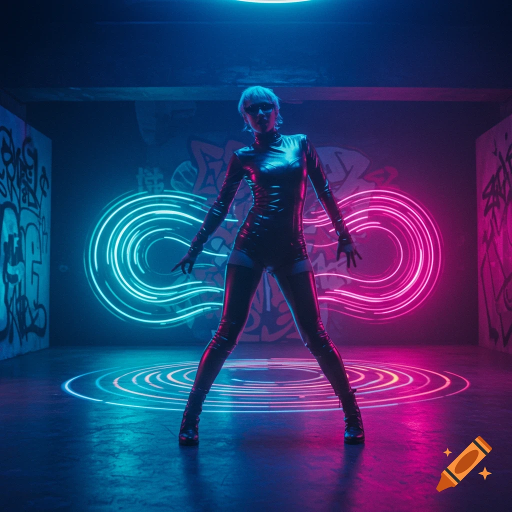 A woman in a black catsuit stands dynamically in a dark, graffiti-filled room, illuminated by swirling blue and pink neon lights.