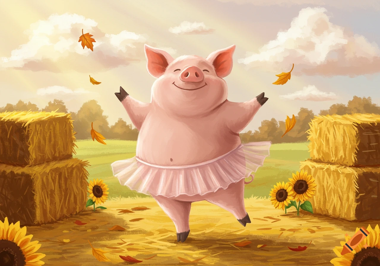 A happy cartoon pig in a pink tutu dances in an autumn field with hay bales, sunflowers, and falling leaves.