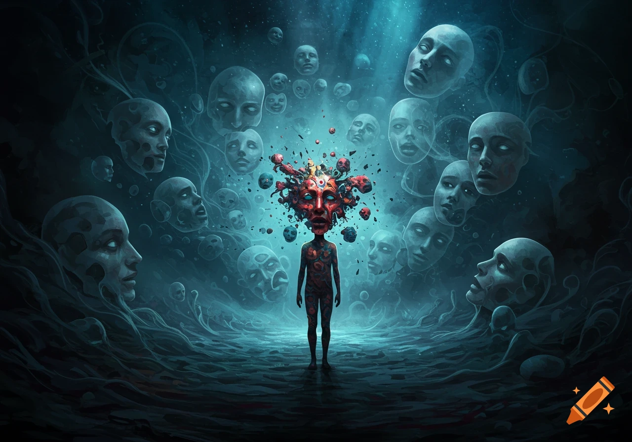 Surreal dark fantasy art of a figure with an elaborate, bursting head, surrounded by pale, floating faces in a dark, ethereal realm.
