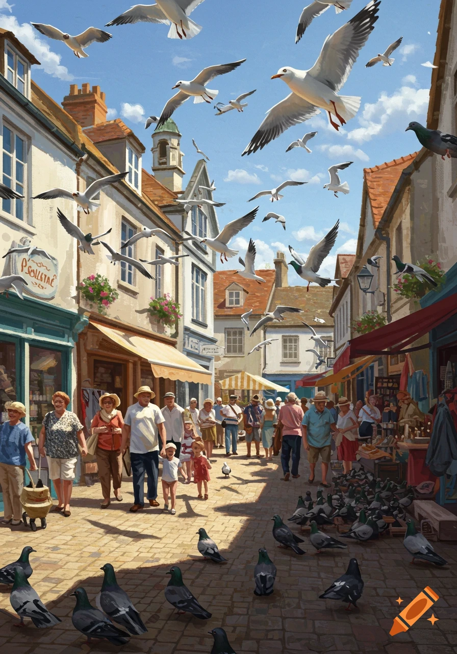 Painting of a bustling small town street with people, seagulls flying overhead, and pigeons on the cobblestone ground.
