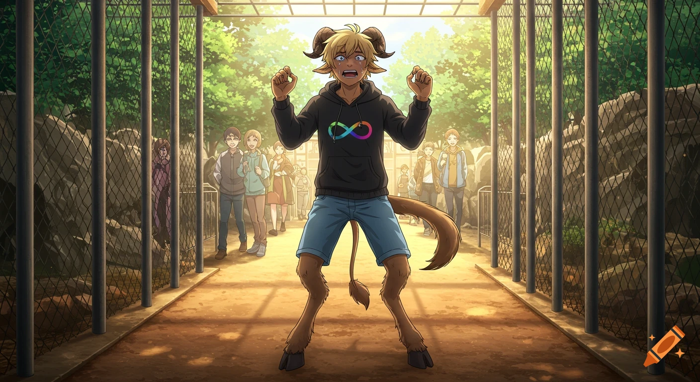 A distressed blond anime satyr boy with horns and hooves in a zoo cage, observed by onlookers.