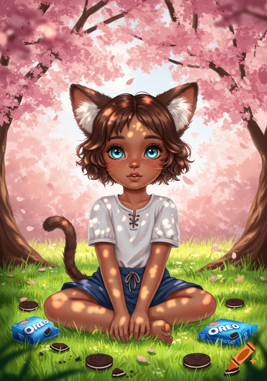 A cute cat-eared girl with brown skin and blue eyes sits on grass under cherry blossom trees, surrounded by Oreo cookies.