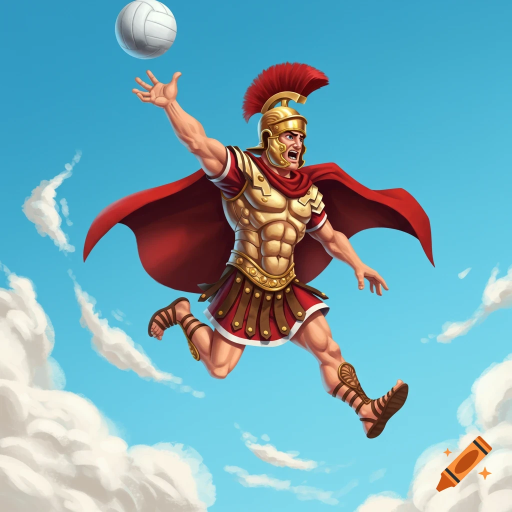 A cartoon centurion in gold armor and a red cape jumps in the blue sky with clouds to spike a white volleyball.