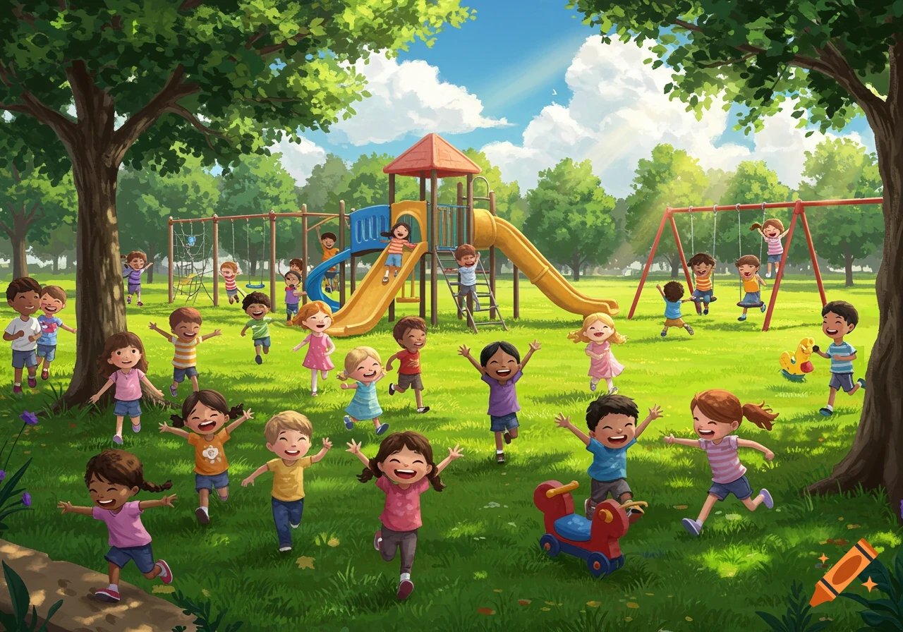 Many happy cartoon children play in a sunny park with a slide and swings.