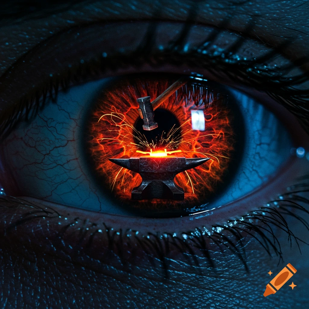 Close-up of an eye with a hammer striking an anvil inside the pupil, emitting sparks, rendered in dark blue and red tones.