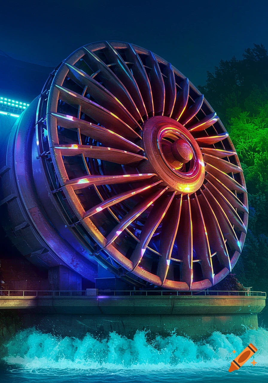 A large, colorful hydroelectric turbine is illuminated by blue and red lights, with water splashing below and trees in the background.