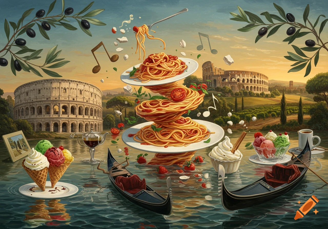 Detailed illustration of Italy: floating pasta, ice cream, gondolas, and the Colosseum, bordered by olive branches.