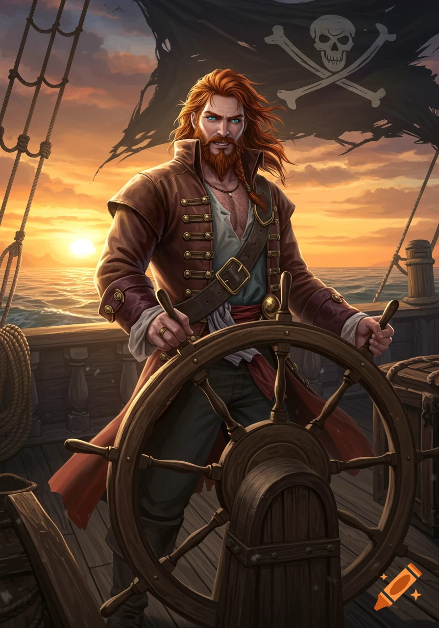 A rugged red-haired pirate with blue eyes stands at the helm of his ship, steering under an orange sunset. A tattered pirate flag waves behind him.