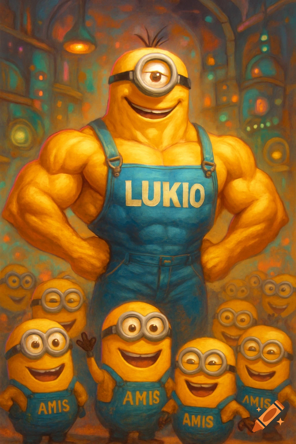 A muscular, one-eyed Minion in 'LUKIO' overalls stands, surrounded by smaller, smiling Minions in 'AMIS' overalls, painterly style.