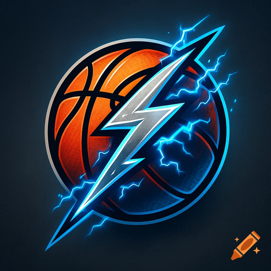 Stylized logo of an orange basketball with a silver lightning bolt and blue electricity on a dark background.