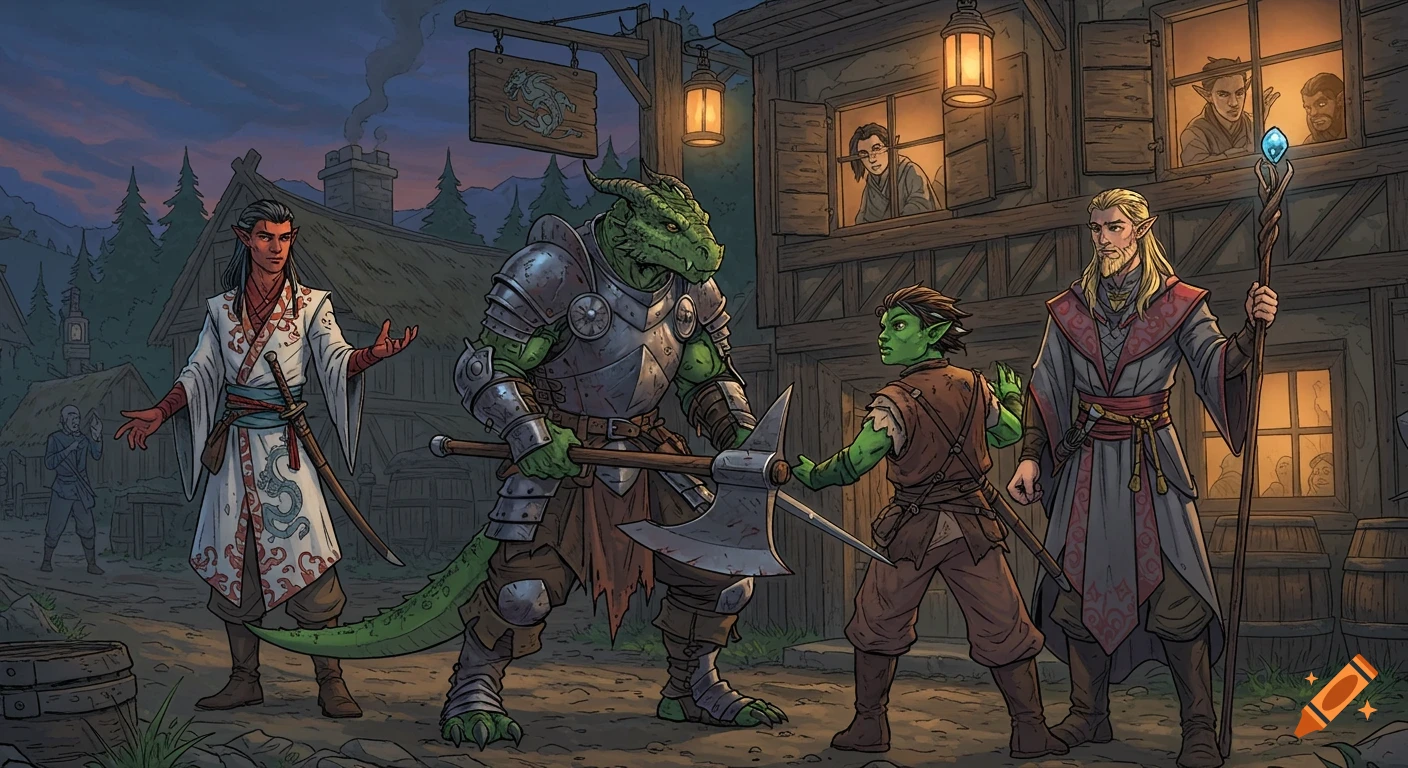 Fantasy scene in 90s comic book style depicting a dragonborn in armor with an axe confronting a smaller green character, while two companions and tavern dwellers watch at dusk.