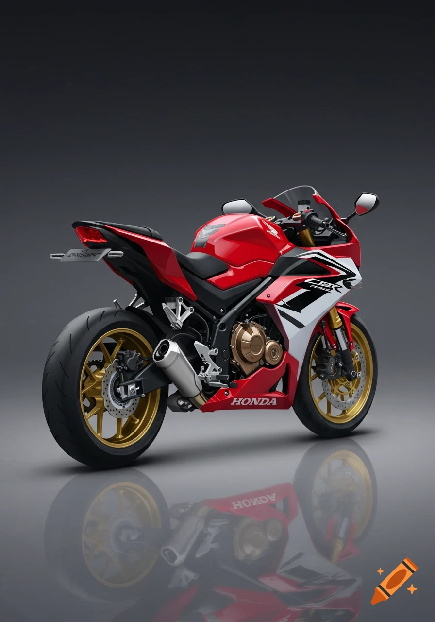 Photorealistic red and white Honda CBR500R motorcycle with gold rims on a reflective surface.